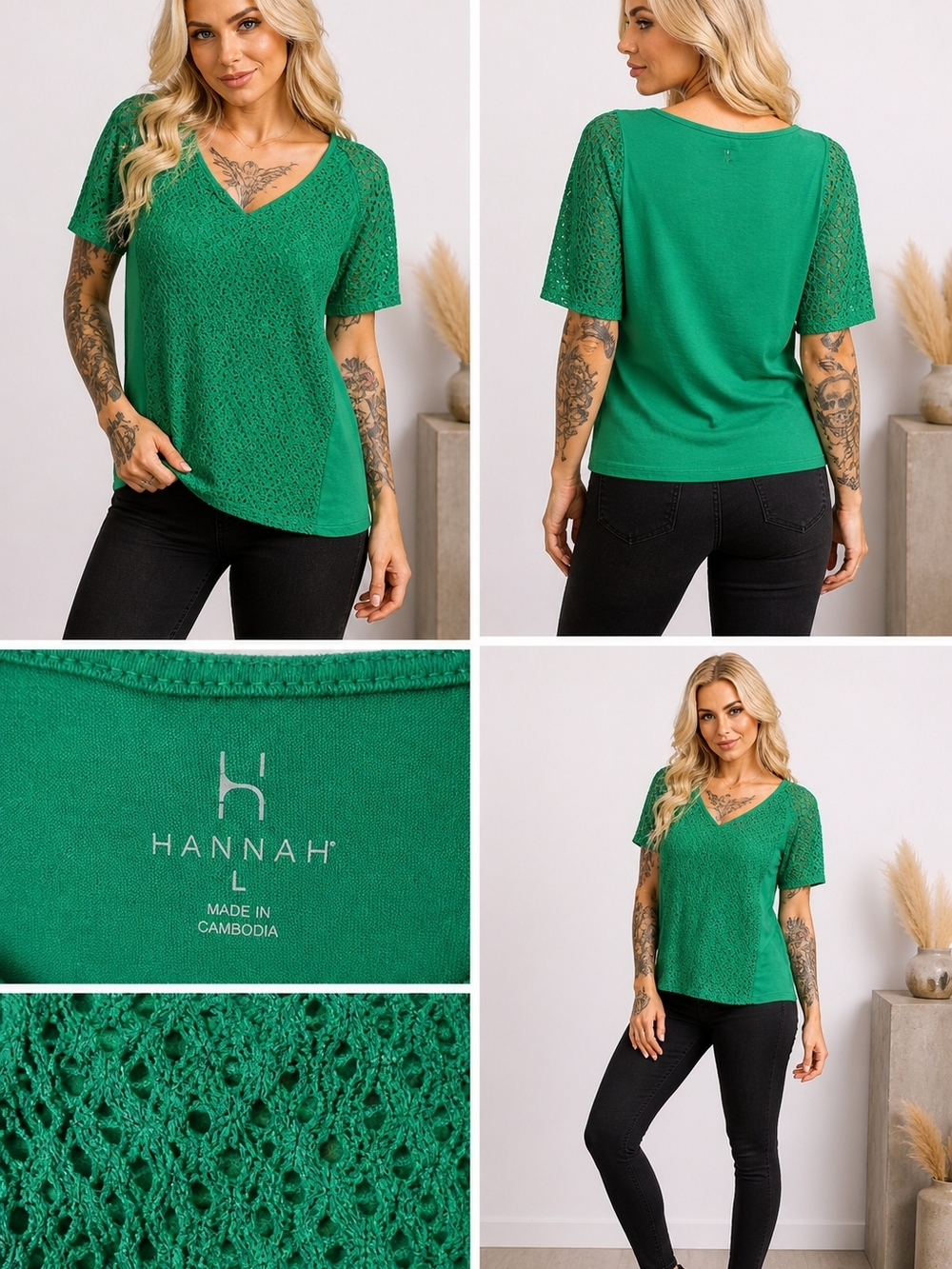 Hannah Emerald Green V-Neck Lace Short Sleeve Top